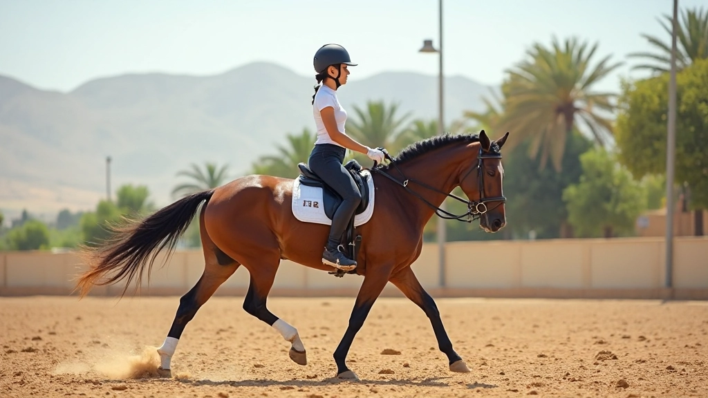 فارس يمارس تمارين توازن متقدمة على الحصان في حلبة تدريب محترفة