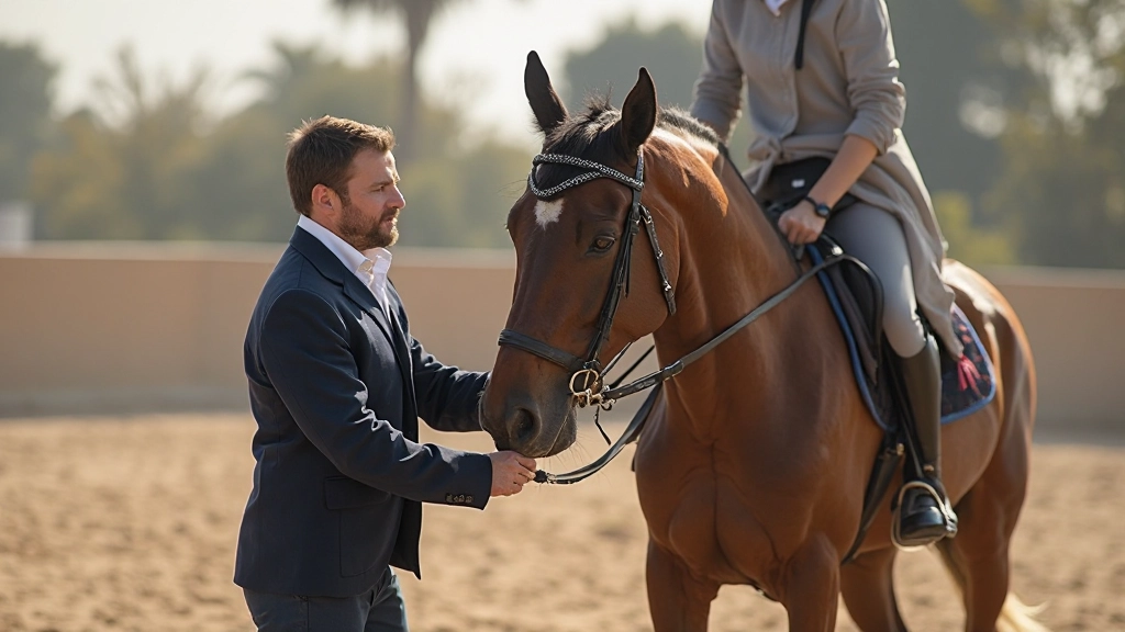 مدرب فروسية يساعد فارساً على تحسين تقنية القفز في حلبة تدريب احترافية
