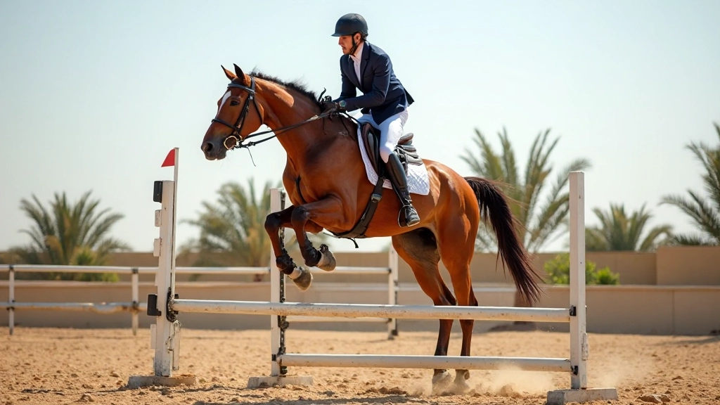 فارس متقدم يقفز فوق عائق عالي مع توازن مثالي وموقف احترافي على ظهر حصانه البني
