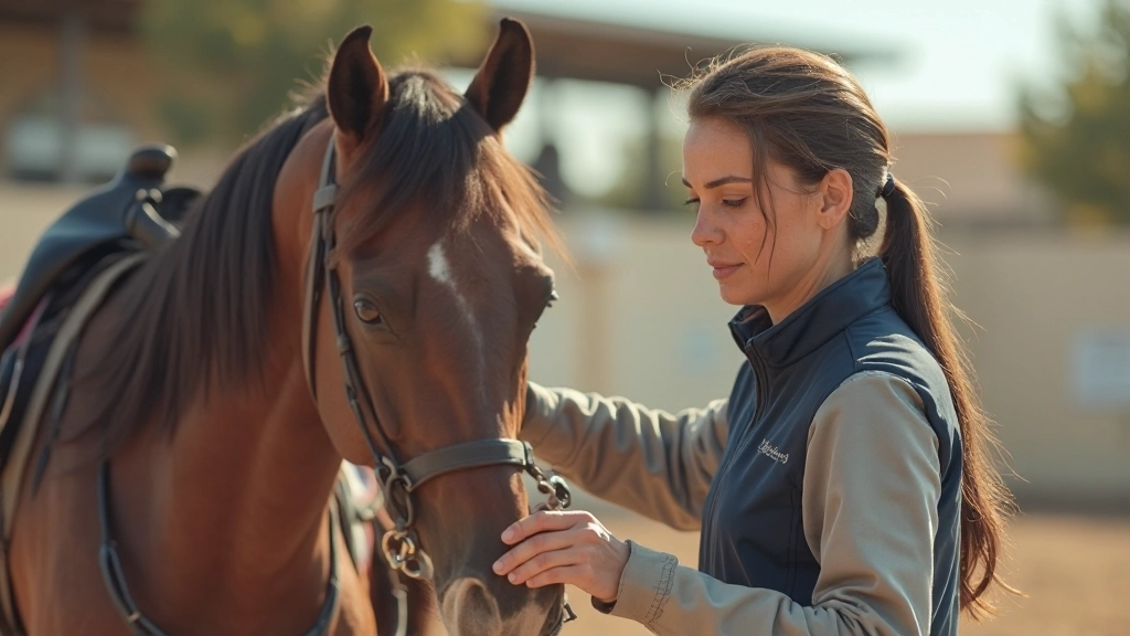 معالج فروسية يساعد فارسة على تحسين توازنها باستخدام تقنيات متقدمة في حلبة التدريب