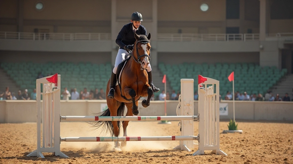 فارس يمارس تمرين القفز على حصان في حلبة تدريب احترافية مع عوائق متدرجة