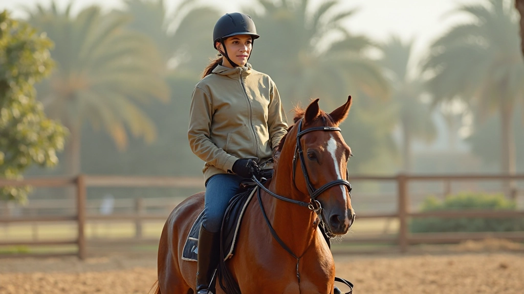 فارس احترافي يركب حصان بني في حلبة تدريب مضاءة بشكل طبيعي مع خلفية غامقة