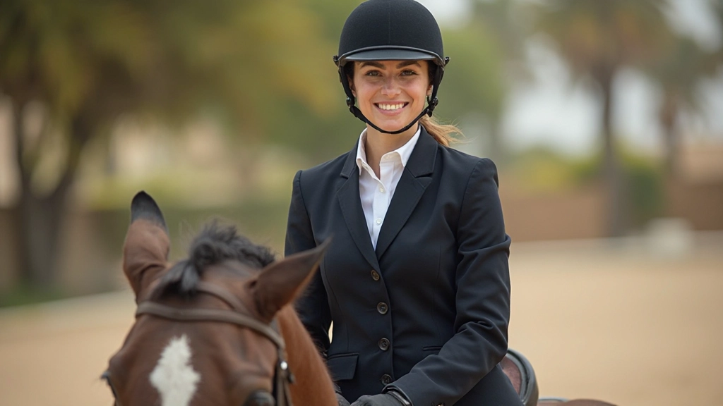 فارسة ترتدي ملابس فروسية احترافية كاملة مع خوذة وسترة وبنطال متخصص