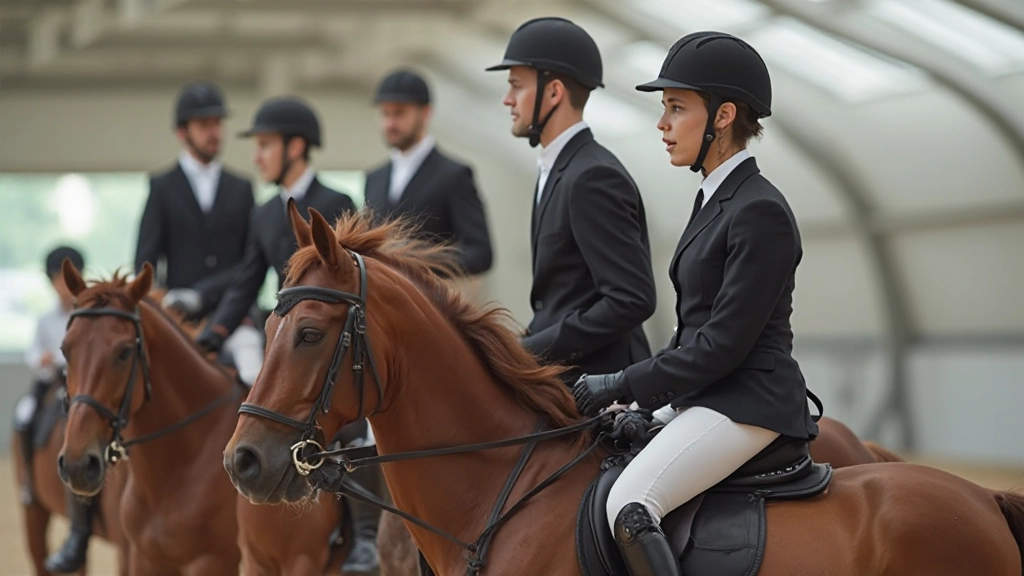 مجموعة من الفرسان المتقدمين يقومون بأداء تقنيات الفروسية المتخصصة في حلبة تدريب مصرية احترافية