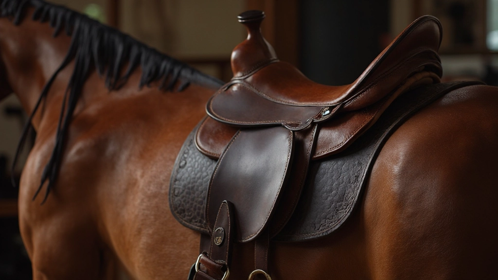 سرج فروسية احترافي من الجلد الفاخر موضوع على ظهر حصان بني اللون