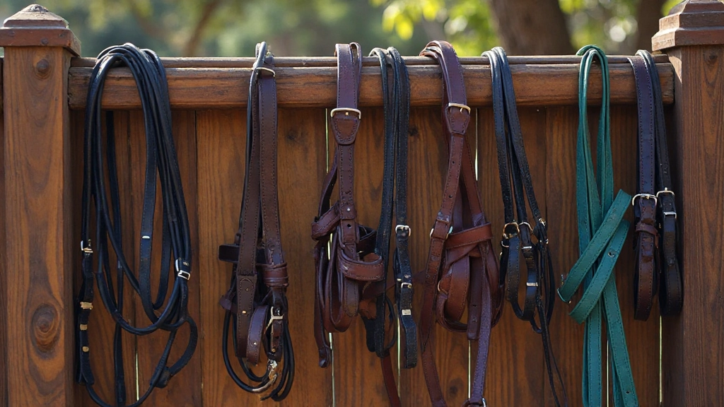 مجموعة متنوعة من الأحزمة والحبال الفروسية بألوان مختلفة معلقة على سياج خشبي